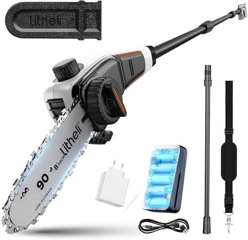 Litheli Hochentaster mit Akku und Ladegerät, Astsäge Teleskop Akku zum Schneiden und Beschneiden von Ästen (8 m/s Kettengeschwindigkeit, 20 cm Schwertlänge, 140 ml autom. Kettenschmierung)
