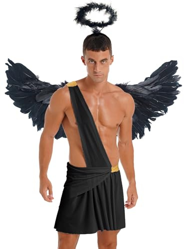 Miaeowve Engel Kostüm Herren Set Ein Schulter Toga Griechischer Gott Kleid Mit Engelsflügel Schwarz Weiß Heiligenschein Weihnachtsengel Cosplay Outfit Schwarz XL