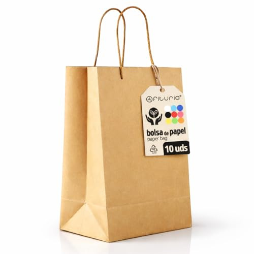 Sacs en Papier Kraft S avec Anses – Lot de 10, Sacs Résistants et Recyclables pour Cadeaux et Commerces – OFITURIA (22x10x27 cm, Kraft)