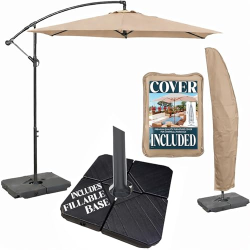 GardenCo 3m Cantilever Banana Parasol - Hanging Parasol with Crank Handle - Outdoor Garden and Patio Sun Shade - with PVC Coated Cover (Taupe with Base)