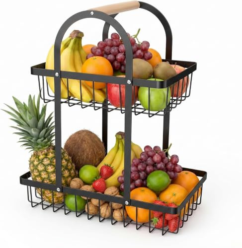 Dexpally Frutero de 2 pisos, 2 pisos, frutero con mango de madera, metal negro, frutero con asa para aperitivos en casa, verduras, cocina, oficina, frutas