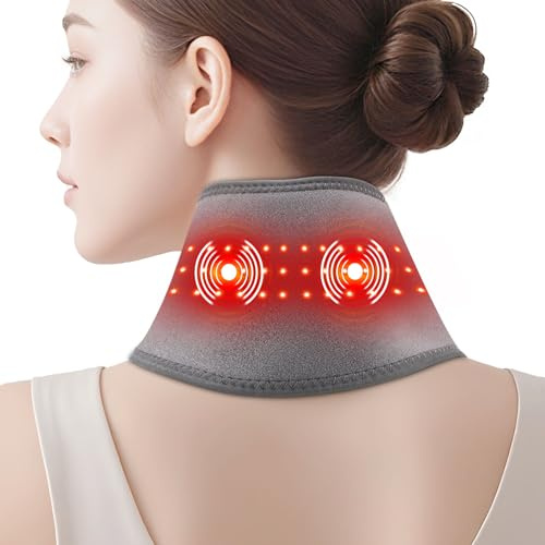 Gris Almohadilla Térmica Para Cuello Inalámbrica Con Masaje Vibratorio, Calentador De Cuello Portátil Con Luz Roja 660nm, 3 Niveles De Calor, 3 Modos De Vibración Y Batería 3000mAh, Longitud 85cm