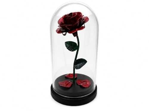 DEKOROA Rose Éternelle en Fer sous Cloche en Verre, Socle Noir, 20 cm | Socle en hêtre finition noire, 3 pétales libres, carte à message et boîte cadeau pour célébrer un amour durable