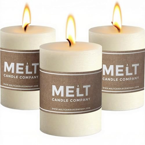 Melt Candle Company Juego de 3 Marfil candele a colonna de 7,5 x 10 cm sin Fragancia, Senza profumo per matrimoni ristoranti decorazione Terme chiese stoppini in Cotone Senza Fumo