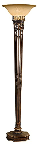 Licht-Erlebnisse Rustikaler Deckenfluter CARMEN Fackel Design Gold Creme 189cm Metall Bernsteinglas Wohnzimmer Lampe