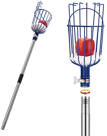 MaidMAX Obstpflücker mit Teleskopstiel aus Edelstahl 4 Meter, Apfelpflücker mit Gelenk und Schaumstoffauflage, Greifer mit Korb für Obst Apfel Orange, leicht stabil und platzsparend