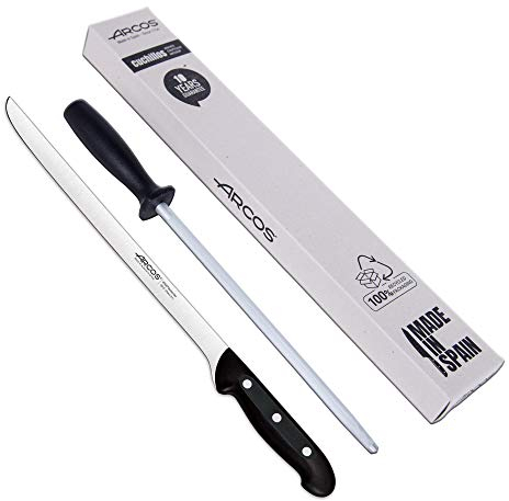 Arcos Serie Maitre - Set coltelli per prosciutto Chaira, 2 Pz, Set coltelli per prosciutto 275 mm + Affilatore tipo sedia 230 mm, Porta prosciutto professionale (imballaggio ecologico)