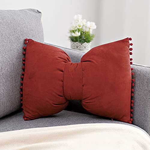 SWECOMZE 35 * 50cm Bowknot Kissen Kissen mit Pompon-Ball Wohnzimmer Mädchen Kissen Büro Nackenkissen Lendenkissen Mädchen Schlafzimmer Kissen Home (Rot)