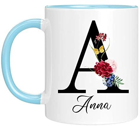 Taza personalizada - Taza con nombre con patrón de flores-con su primera letra y nombre-Taza de café cumpleaños personalizado 11 Oz impresa en ambos lados-Personalizar regalos para mujer Azul cielo