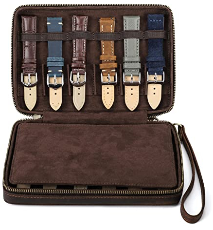 Contacts Boîte de rangement en cuir pour bracelet de montre avec fermeture éclair, peut contenir 12 bracelets de montre, sac de transport compatible avec toutes les séries de bracelets et accessoires