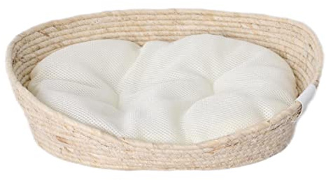 Dehner Premium Lovely Tierbett Tiefer Schlaf M, oval, beige, 54 x 43 x 18cm | Hundebett / Katzenbett, Naturmaterial / Plüsch, inkl. weißem Wendekissen