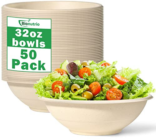 Bionutrio 32oz Large Paper Bowls Disposable, 50 Pack Heavy Duty, Biodegradable Compostable, Microwavable Deep Paper Bowls For Hot Soup, Salads, Snacks, Eco Friendly Bagasse Bowls
