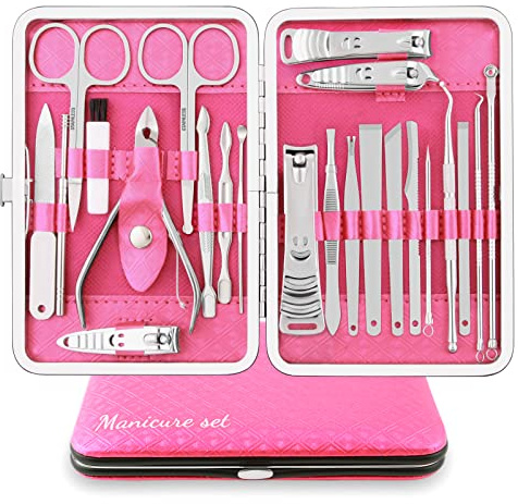 Manikyrset, professionellt nagelklipparkit, pedikyrvårdsverktyg, 23 st rostfritt stål, skötselverktyg med svart PU-läderfodral för resor eller hem (rosa/silver)