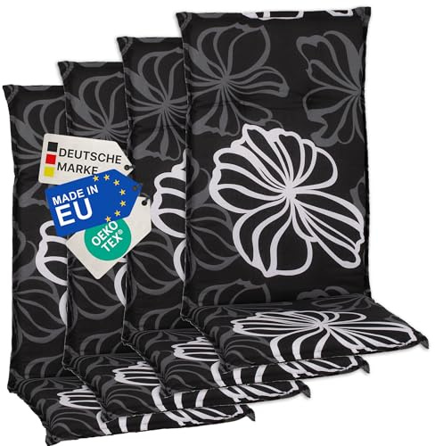 NYVI Gartenstuhl Auflagen Hochlehner 4er Set Barcelona - UV-Beständig, Atmungsaktiv, Strapazierfähig - Hochlehnerauflagen Sitzkissen Outdoor - Sitzauflagen für Gartenstühle 118x50cm Black Flower