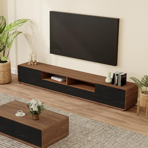 POVISON moderner TV-Schrank 200cm, Fernsehtisch aus Holz,lowline Medienkonsole mit 4 Schubladen,offener Stauschrank, Walnussfurnier,schwarz,komplett montiert