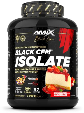 Amix | Proteína BLACK CFM ISOLATE - Ayuda a Mantener la Masa Muscular - Con Enzimas Digestivas - Fácil Digestión - Rápida Absorción - Proteína en Polvo - 2 Kg - Sabor Fresa-tarta de queso