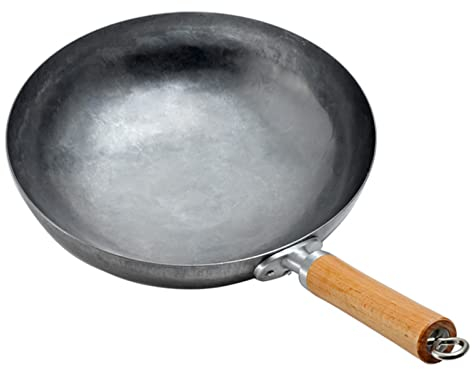 Woks y sartenes para saltear, sartenes para saltear woks de Hierro, Fondo Redondo de Acero al Carbono Martillado a Mano con Mango de Madera Desmontable para Cocina Profesional, 30