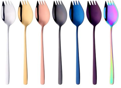 Sporks Stainless Steel Sporks Long 21.5 cm Colourful Fork Spoon 7 Pieces Salad Fork 2 in 1 Table Forks Soup Spoon Long Handle to Go Camping Outdoor Picnic
