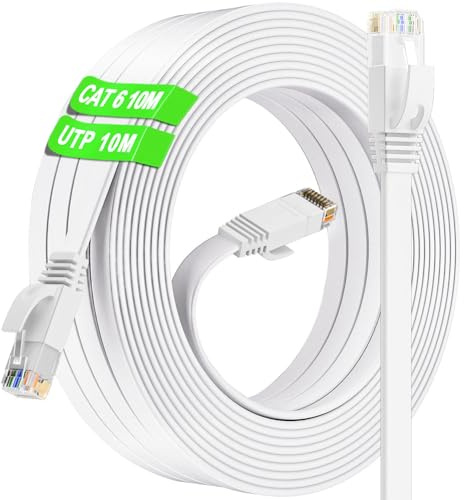 Ethernetkabel 10m, Cat 6 Internetkabel 10m Hög Hastighet, Platt Vit RJ45 Nätverkskabel 1000Mbps 250MHz, Gigabit Lång UTP LAN-kabel Utomhus Inomhus Patchkabel för Router Switch Modem PC (10 Clips)