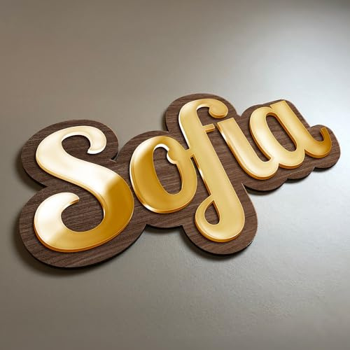 Personalisierbarer Vorname für Zimmertür, personalisierbar – personalisierbar – Schild aus Holz & Troglass Spiegel gestanzte Buchstaben (LUXE) (Nussbaum & Vorname Spiegel Gold)