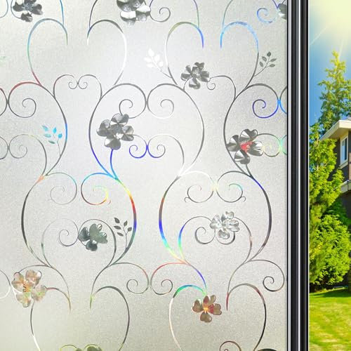 Qualsen Pellicola per Vetri Finestre Effetto Arcobaleno 30x200cm, 3D Fiori Decorative Pellicola Adesiva per Vetri Anti-UV Satinata Elettrostatica Pellicola Privacy Finestre per Casa Ufficio Cucina
