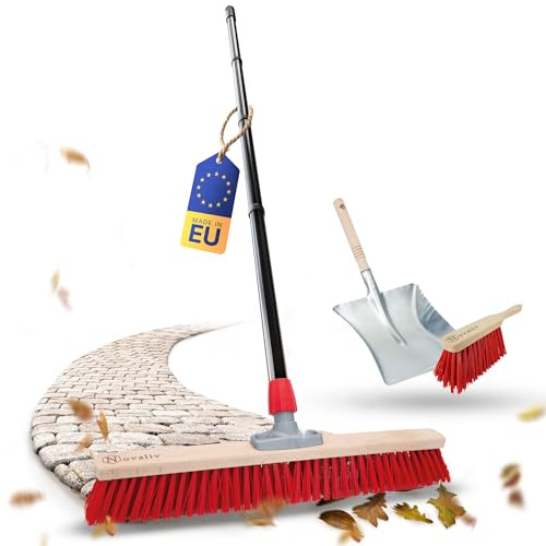 Novaliv Straßenbesen mit Stiel 60 cm Elaston Borsten inkl. Kehrgarnitur schwarz bestehend aus Kehrblech und Handfeger Ideal als Gartenbesen Terassenbesen Hofbesen Stallbesen Kehrbesen Outdoor Broom