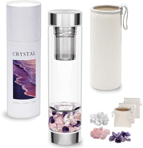 DiDiBirDi 500ml Crystal Water Bottle,Amethyst, Rose Quartz Stones,White Crystal
