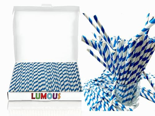 JANNGII Paper Straws, 150 Pack Paper Drinking Straws Bio-Degradable Drinking Paper Straws Wedding Party, Party Straws, Restaurant, Juice Drinking Straws (150X Blue & White Stripes)