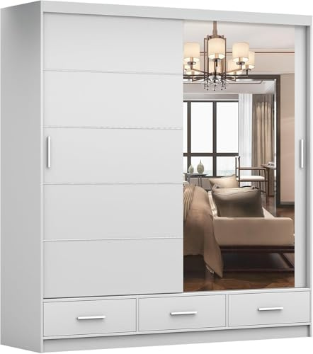 Kleiderschrank mit Spiegel Weiß -Schwebetürenschrank - Schlafzimmerschrank - 61 x 203 x 218 cm - Wohnzimmerschrank - Garderobenschrank Schrank mit Zwei Türen, 3 Schubladen - Imoebel24