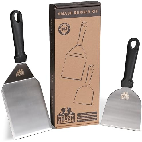 Norzn Brothers® BBQ Spatula & Griddle Scraper Set – BBQ Burgerflipper, Stekspade, Smash Burger Spatula, Grillspade i Rostfritt Stål 304, Godkänd för livsmedelskontakt, 10 Års Garanti