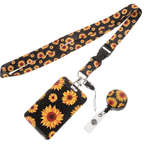 FUNOMOCYA Blumenmuster Kartenhalter Mit Umhängeband Verschleißfestes Kunststoff Ausweishülle Für Lehrer Badge Praktischer Id Kartenhalter Mit Trendigem Sonnenblumen Design Für Büro Schule