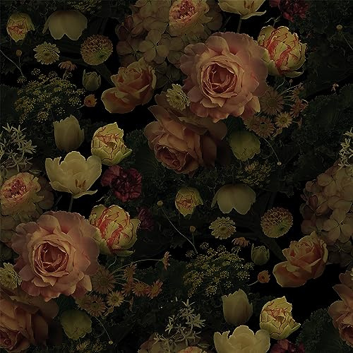 VEELIKE Tapete Blumen Vintage Blumentapete Rosen Rosa Fototapete Blumen Schwarz 44.5cm x 300cm Klebefolie Möbel Dekofolie Selbstklebend Tapeten Wohnzimmer Wand Dekoration Schlafzimmer Mustertapete