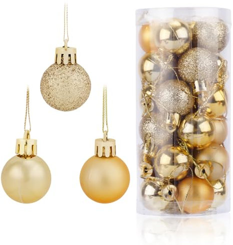 24pcs Boules de Noël, 3 cm de Diamètre Incassables de Boules Décoratives à Suspendre en Plastique pour Décoration d'arbre de Noël Fête de Vacances Décoration de Mariage (Doré)