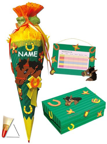 3 TLG. Set: BASTELSET Schultüte - Pferd Tiere Pferde 85 cm - incl. Namen + Schulbox + Stundenplan - Zuckertüte Roth - Mädchen Jungen Blumen zum Basteln Schula..