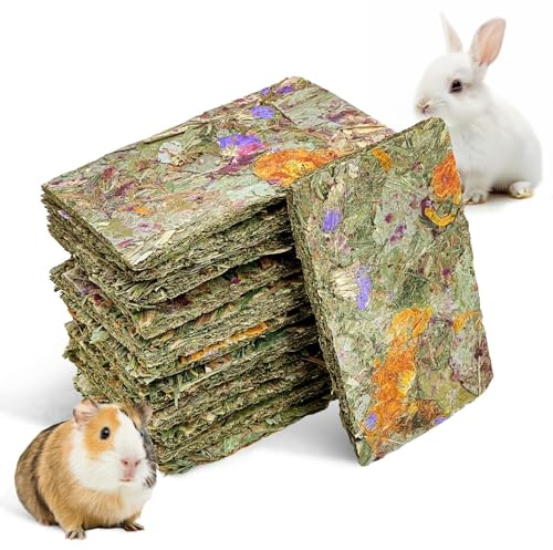 PINVNBY 12 PCS Kaninchen Timothy Heu Chips Spielzeug, natürliche Kaninchen Backenzahn Leckereien mit Kräuterblumen Kauspielzeug für Zähne Kleintier Snacks für Ratten Chinchillas Meerschweinc