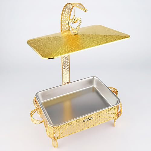 XQKXHZ Rettangolare Chafing Dish 5.5L,Scaldavivande in Acciaio Inox Premium,con Coperchio & Supporto Carburante,Facile da Montare Buffet Server per Catering,Buffet e Feste,Design Vuoto Unico,d'oro