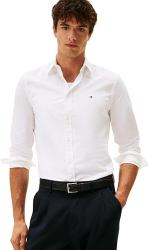 Tommy Hilfiger Uomo Camicia Flex Poplin Kent Collar Slim Fit, Bianco (White), L
