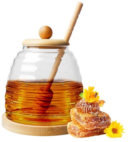 LEKEFETO Bicchiere per miele con cucchiaio e coperchio in legno: 500 ml, in vetro, per miele e miele trasparente, per conservare miele, sciroppo