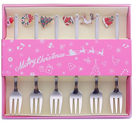 Set di 6 forchette da frutta in acciaio inox con decorazioni natalizie, per feste di Natale