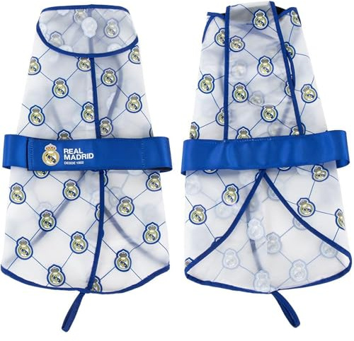 Impermeable Ajustable para Perro Real Madrid – Abrigo Impermeable para Mascotas con Capucha, Resistente al Agua, Diseño Exclusivo y Ajuste Cómodo, Producto Oficial de Fútbol