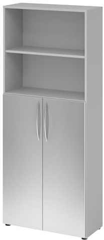 bümö Mehrzweckschrank 80cm breit, Aktenschrank o. Schuhschrank hoch, Regal Schrank-Kombi, Küchenschrank in Grau/Silber aus Holz, Vorratsschrank & Haushaltsschrank mit Metallgriffen