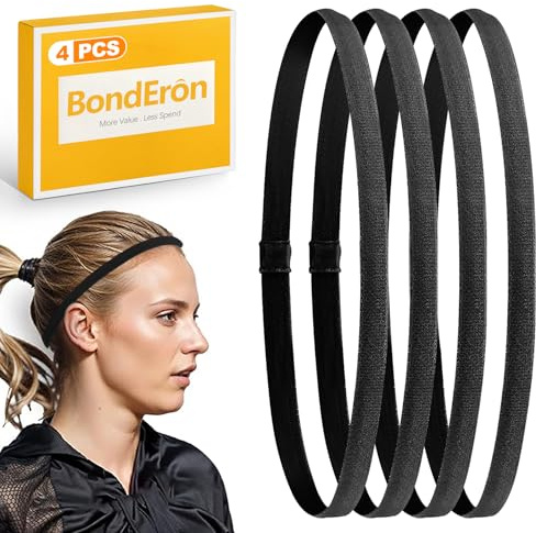 BondEron 4 Stück Sport Haarband Schwarz für Männer und Frauen, Elastisch Rutschfest Dünn Stirnband für Damen & Herren - Atmungsaktiv, Ideal für Fußball, Laufen, Yoga, Sport & Alltag