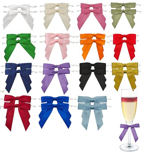 SEABABOO Weingläser Markierer Schleifen 30 Stück Weinglas Marker Satinband Schleifen Weingläser Marker Glasmarker Fliege Deko Schleifen Für Weingläser Champagnergläser Party
