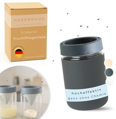 HAVENHAUS Fruchtfliegenfalle dunkelgrau wiederverwendbar | Obstfliegenfalle für Küche | Fruchtfliegen dauerhaft loswerden | Fruit Fly Trap | Lebendfalle Fliegenfalle gegen Fruchtfliegen
