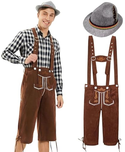 Trachten Lederhose Herren, Herren Tracht Set, Oktoberfest Herrens Outfit, Trachtenhose Herrens, Trachtenhose Komplett Bayrische KostüM FüR TrachtenhutfüR Oktoberfest Outfit Cosplay Party Karneval (L)