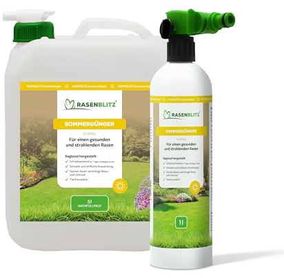 RASENBLITZ Rasendünger Sommer flüssig 5 L – flüssiger Rasendünger für starken Rasen trotz Hitze – ideal zur Ergänzung zu Rasensamen – inkl. Sprühflasche – Anwendung direkt am Gartenschlauch