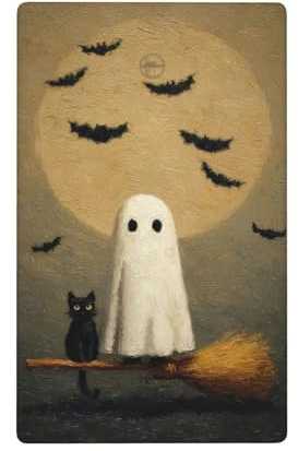 Cute Ghost White Cat Sitting On Broom Single Toggle Blank Wall Plate Light Switch Cover Decorative 1 Gang For Kitchen Room Bathroom Size 4.5 X 2.75