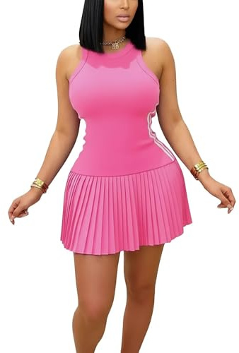 kaimimei Women Summer Striped Pleated mini Dress Casual Sleeveless Ribbed Athletic Short Dresses Light Pink 2XL