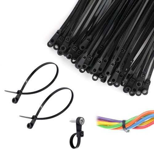 100uds Bridas Negras con Orificio para Tornillo, 200mm de Nailon Universales con Hebilla Gestión de Cables para Uso en Interiores y Exteriores