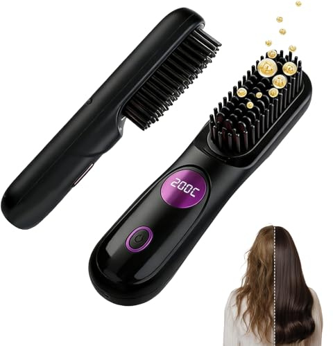 Go Brush Pro, 2026 Upgraded Go Brush Pro, Portable Straightener Brushs for Travel, Cordless Fast Heating Hair Straightener with LCD Temperature Display, Smooth Frizz (Grey Black)
